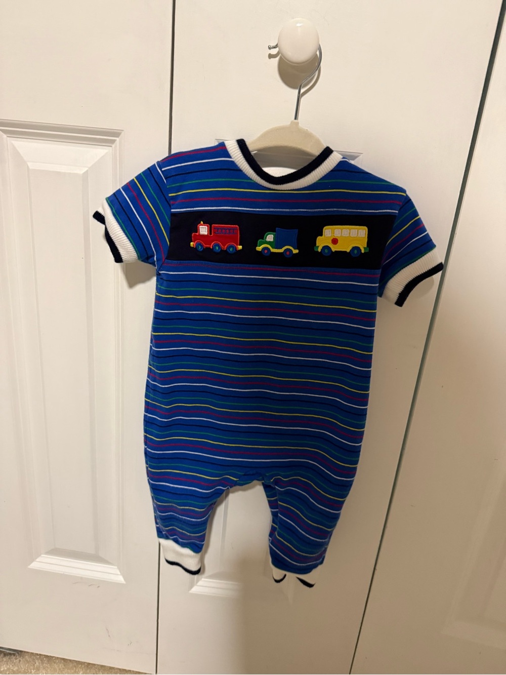 Florence Eiseman Blue Striped One-Piece with Vehicle Appliqués